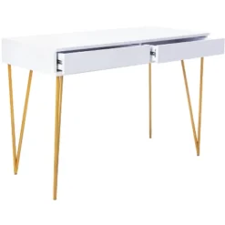 Pine Two Drawer Desk - White/Gold - Safavieh -Heaco GUEST 719e0868 e910 4ff2 9268 cdce3cba3e6f