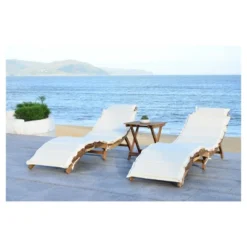Pacifica 3pc Wood Patio Lounge Set - Teak Brown/Beige - Safavieh -Heaco GUEST be29a584 19f0 404d 9daf 96d418769180
